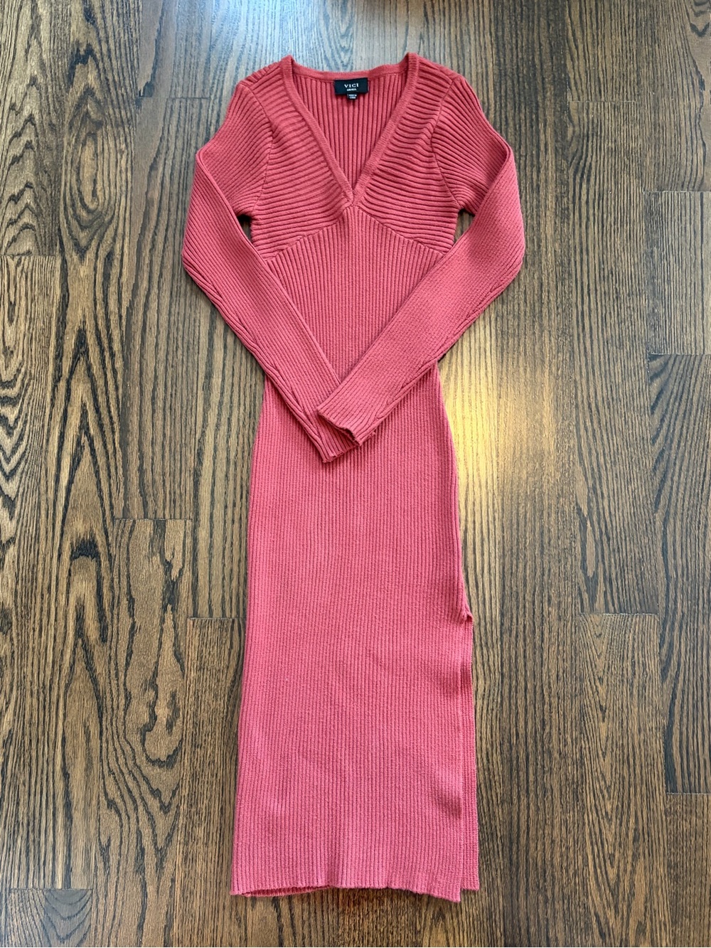 Vici Coral Pink Ribbed V-Neck Maxi Dress